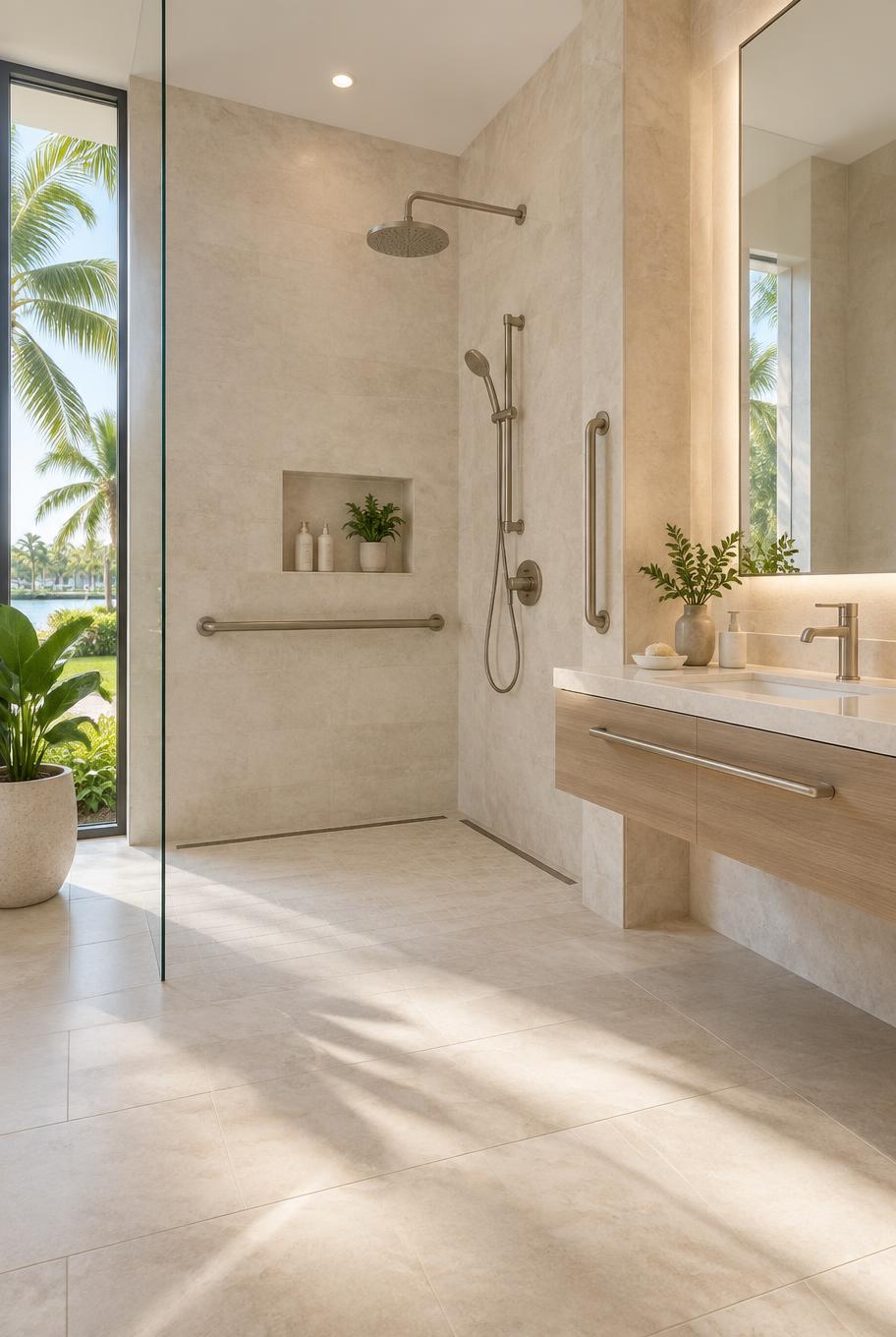 Elegant zero-threshold shower and accessible vanity