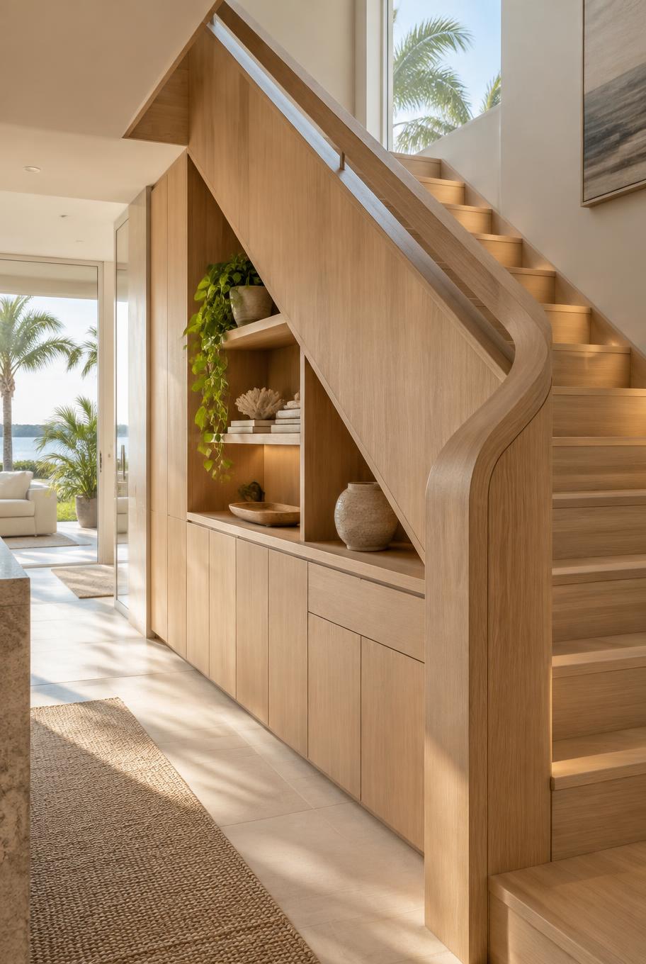 Custom millwork and sculptural integrated handrail