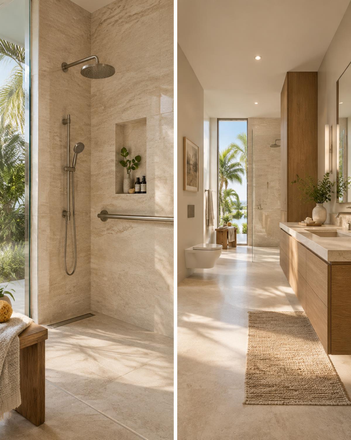 Two views of a seamless, elegant accessible bathroom